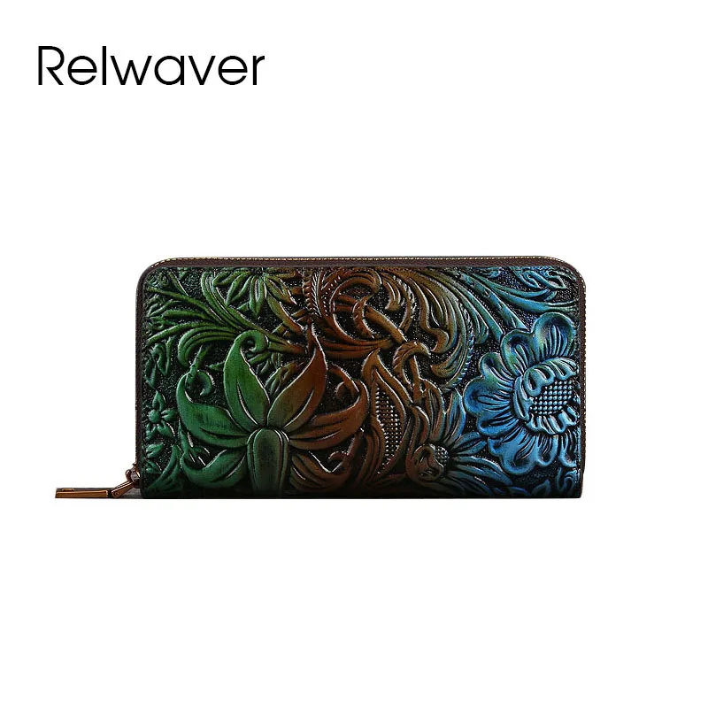 

Relwaver women wallet genuine leather shining flower embossing long wallet 2024 spring summer party clutch purse zipper wallet