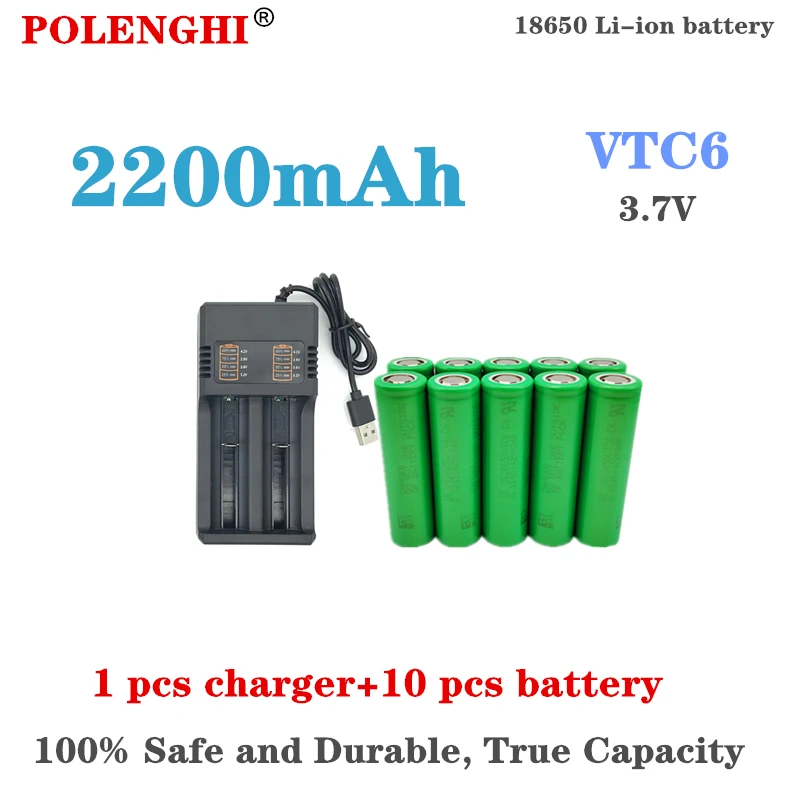 Bateria recarregável de iões de lítio, adequada para ferramentas de brinquedo e lanterna, carregador USB, 100% True Capacity, 3.7 V, 2200mAh, 18650, VTC6