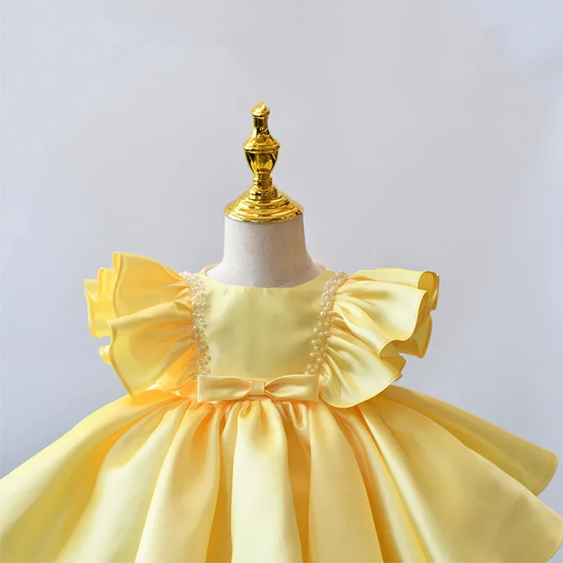 Robe de Princesse en Satin Élégante Personnalisée pour Fille, Tenue d'Anniversaire de Couleur Unie, Col Rond, Manches Volantes, à Fleurs, avec Nministériels d Perlé Doux, 2024