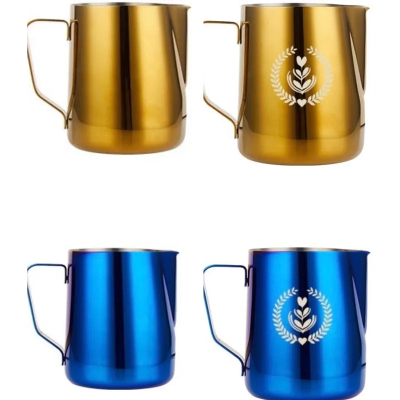 304 Stainless Steel Milk Frothing Pitcher Coffee Milk Foam Jar Coffee Milk Foam Can Coffee Shop Latte Accessories Blue And Gold