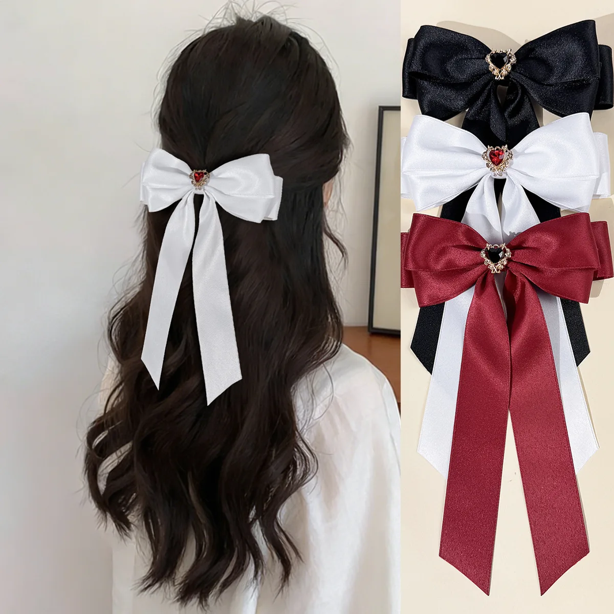 

24 шт., атласная заколка для волос в корейском стиле, заколка для волос со стразами, сердце, длинная заколка с кисточкой, элегантный бант, заколки на затылке для женщин и девочек