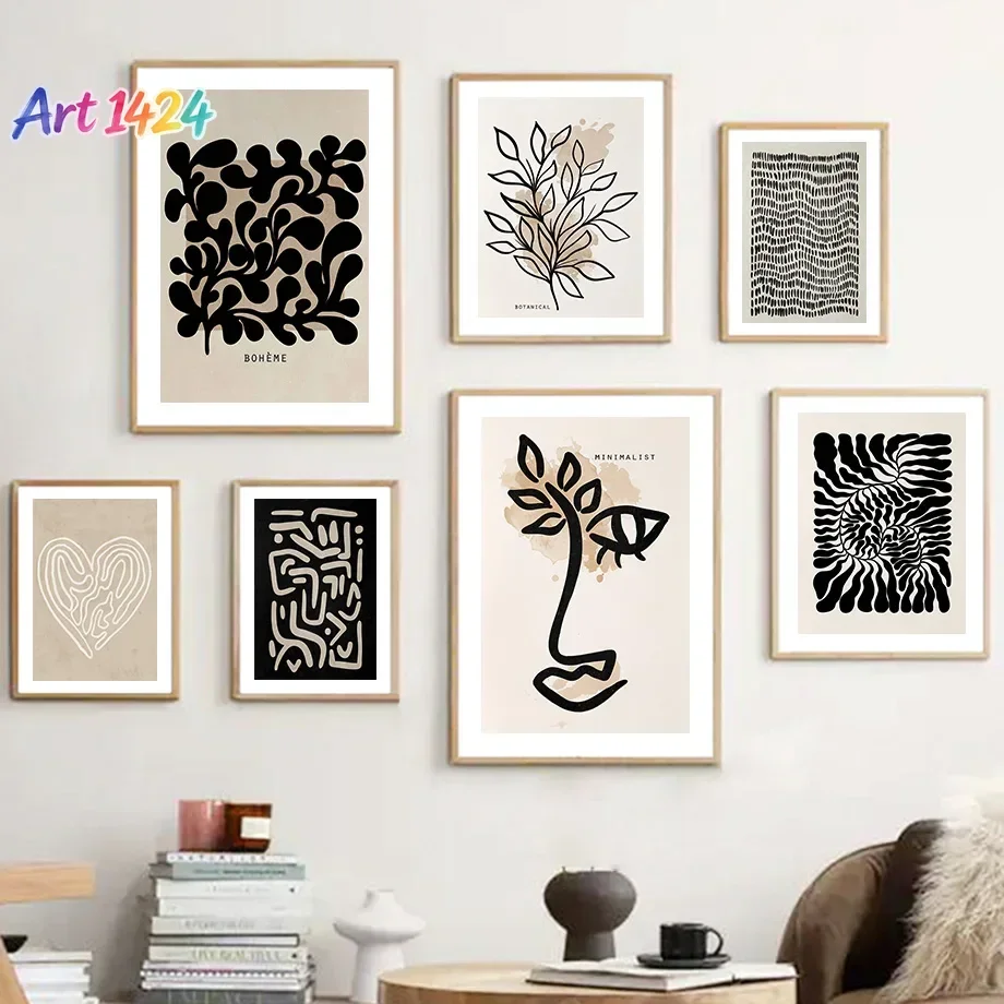 1pc frameless canvas painting Abstract Boho Leaves Lines Face Heart Sun Posters And Prints Canvas Painting Nordic Wall Art Pi