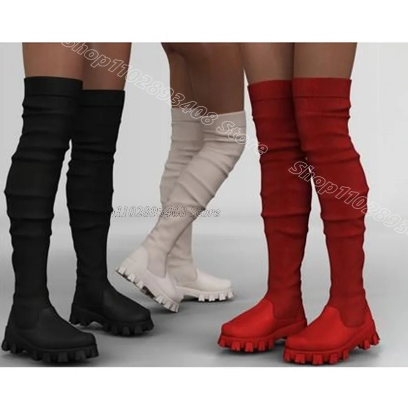 

Slip on Pleated Splicing Boots Round Toe Elastic Spring Party Dress British Style Women Over Knee Boots 2024 Zapatos Para Mujere