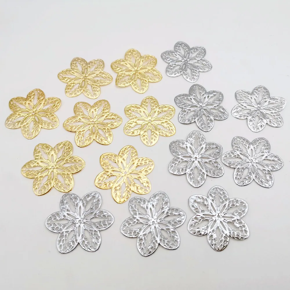 20/100pcs 33mm/45mm Gold color/White K Metal Filigree Flowers Slice Charms base Setting Jewelry DIY Hair Making Home Decoration