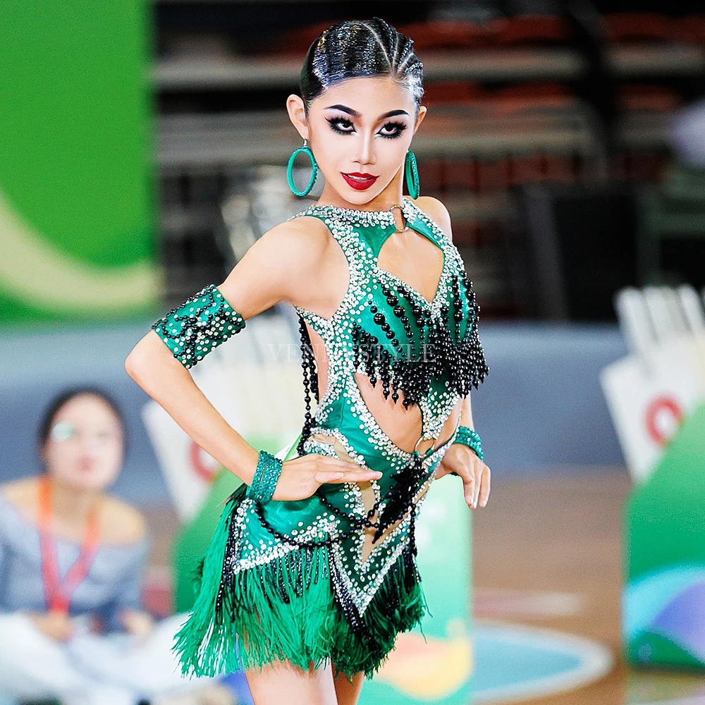 

Платье для латинских танцев Vennystyle, зеленая бахрома со стразами, дизайн, костюм для сальсы, румбы для женщин, соревнований