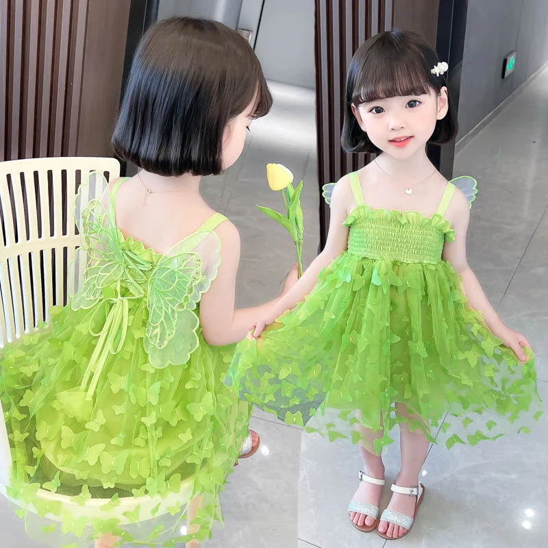 New Summer Princess Girls Dress Cute Butterfly Wings Sequin Sling Design Full Printed Butterfly Sticker Dress For 2-8 Years Kids