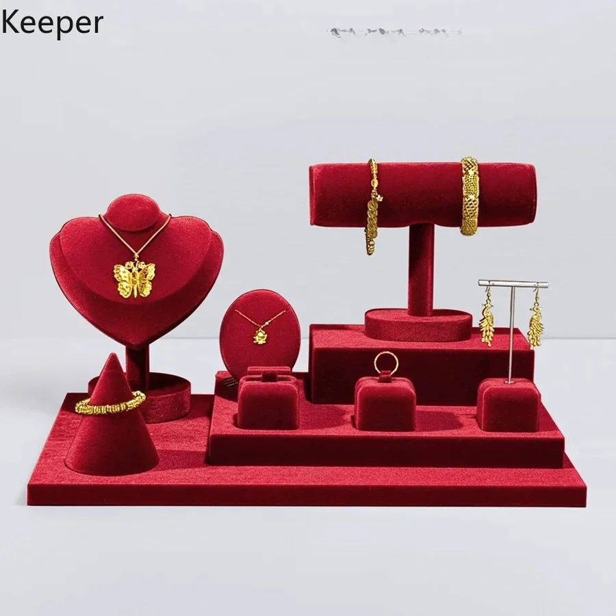 Luxury Red Velvet Jewelry Counter Stand, Display & Storage for Necklace Earring Beads, Gold Jewelry Store Showcase Prop