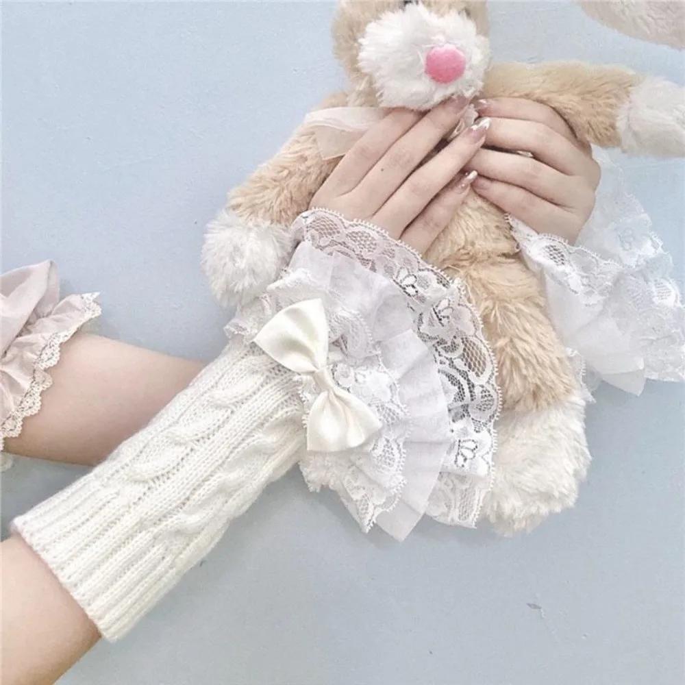 1 pair Lace Ruffle Hand Sleeves Mittens Detachable Fingerless Style Knitted Cuff Knitted Stretchy Arm Warmers Gloves Winter Wear