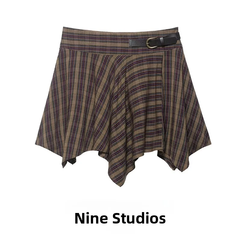 

Элегантная женская юбка А-силуэта с высокой талией, в клетку, с асимметричным ремешком, из полиэстера, для весеннего сезона