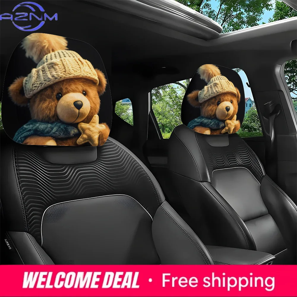 

2pcs Knitted Teddy Bear Print Headrest Covers, Fun and Whimsical Headrest Protectors, Cute Plush Teddy Bear Design
