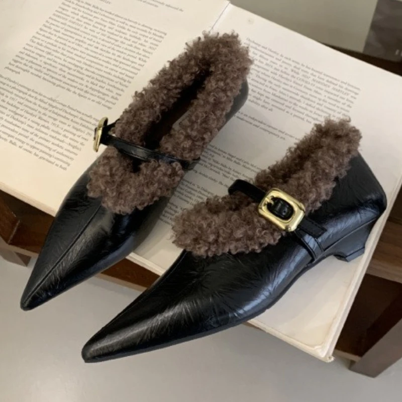 

Luxury Designer Low Heel Pumps Women Fashion Pointed Toe Metal Buckle Designer Shoe Winter Comfortable Warm Puffy Mary Jane Shoe
