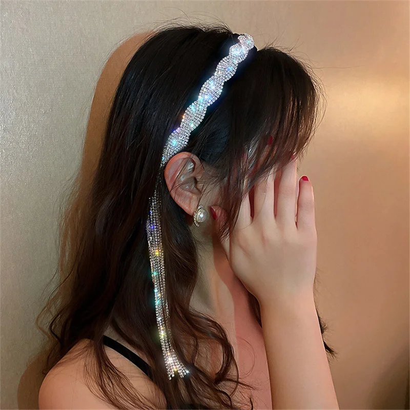 Korea Style Long Tassel Asymmetry Rhinestone Headband for Women Black Velvet HairClip Wedding Hair Accessories Jewelry