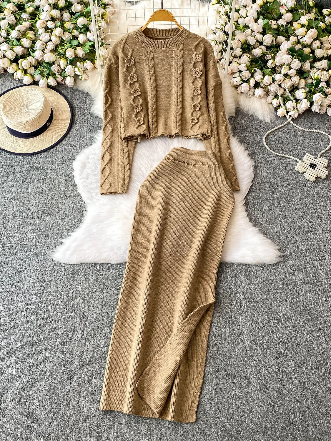 Set maglione coreano chic lavorato a maglia ort rotondo Ne con gonna a fessura Ele, comodo vestibilità ampia, autunno Faion