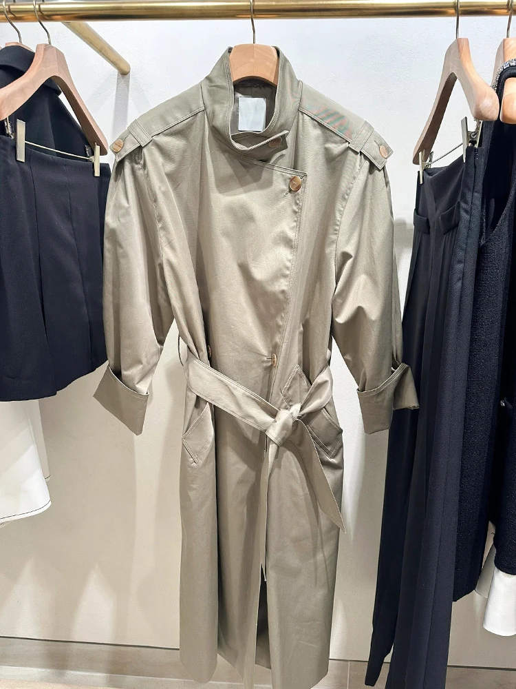 

Ele Long Sve Windbreaker Coat with Belt High Collar Design for Women Autumn Faion Outerwear Simple Sle Polyester F...