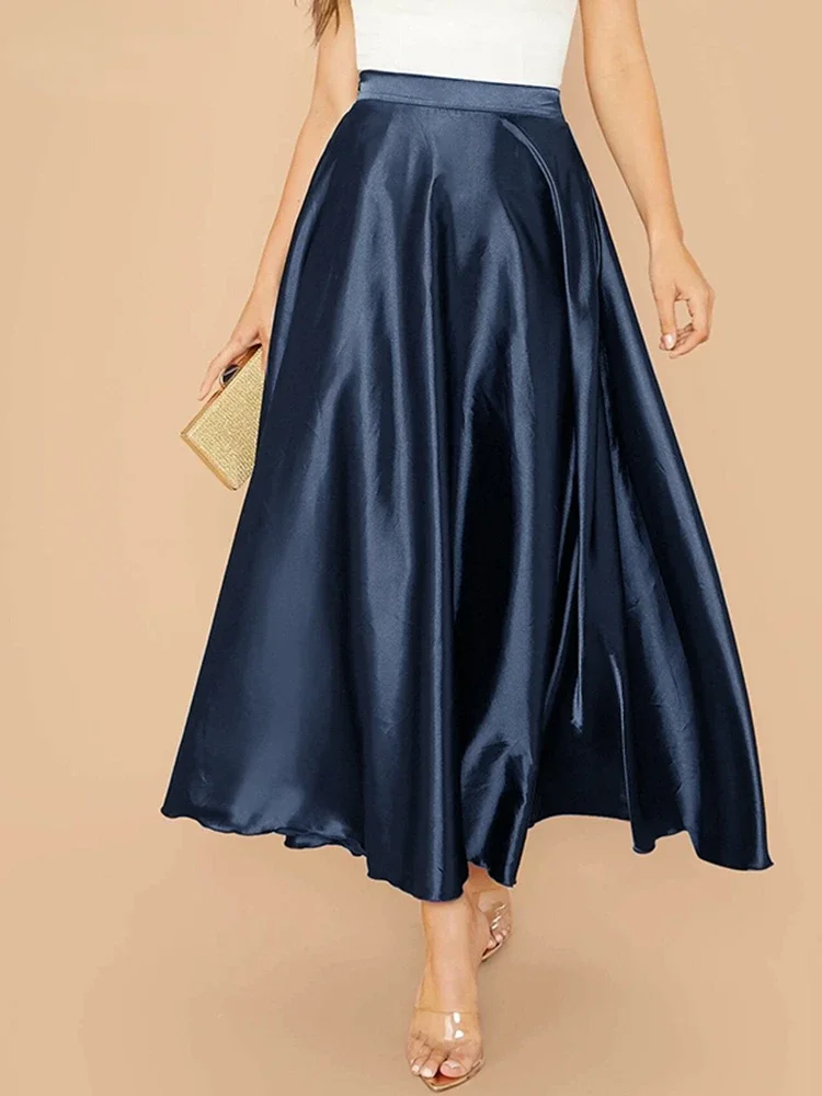 

2024 Summer Women Elegant Skirts Satin High Waist Long Skirts Party Long Jupes Casual A-line Office Swing Silky Skirts