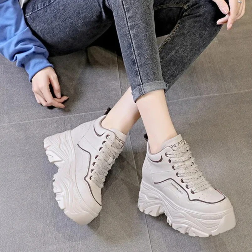 

2025 8cm Natural Genuine Leather High Top Women Shoes Platform Wedge Ankle Boots Hidden Heel Winter Autumn Warm Plush Sneakers