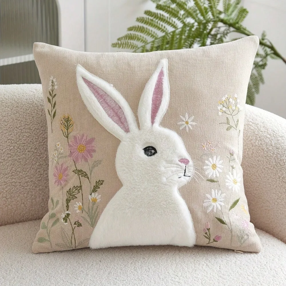 Pillow Cover Multiple Sizes NO Embroidery Easter Wild Floral Rabbit 100% Polyester Sofa Living Room Bedroom Festive