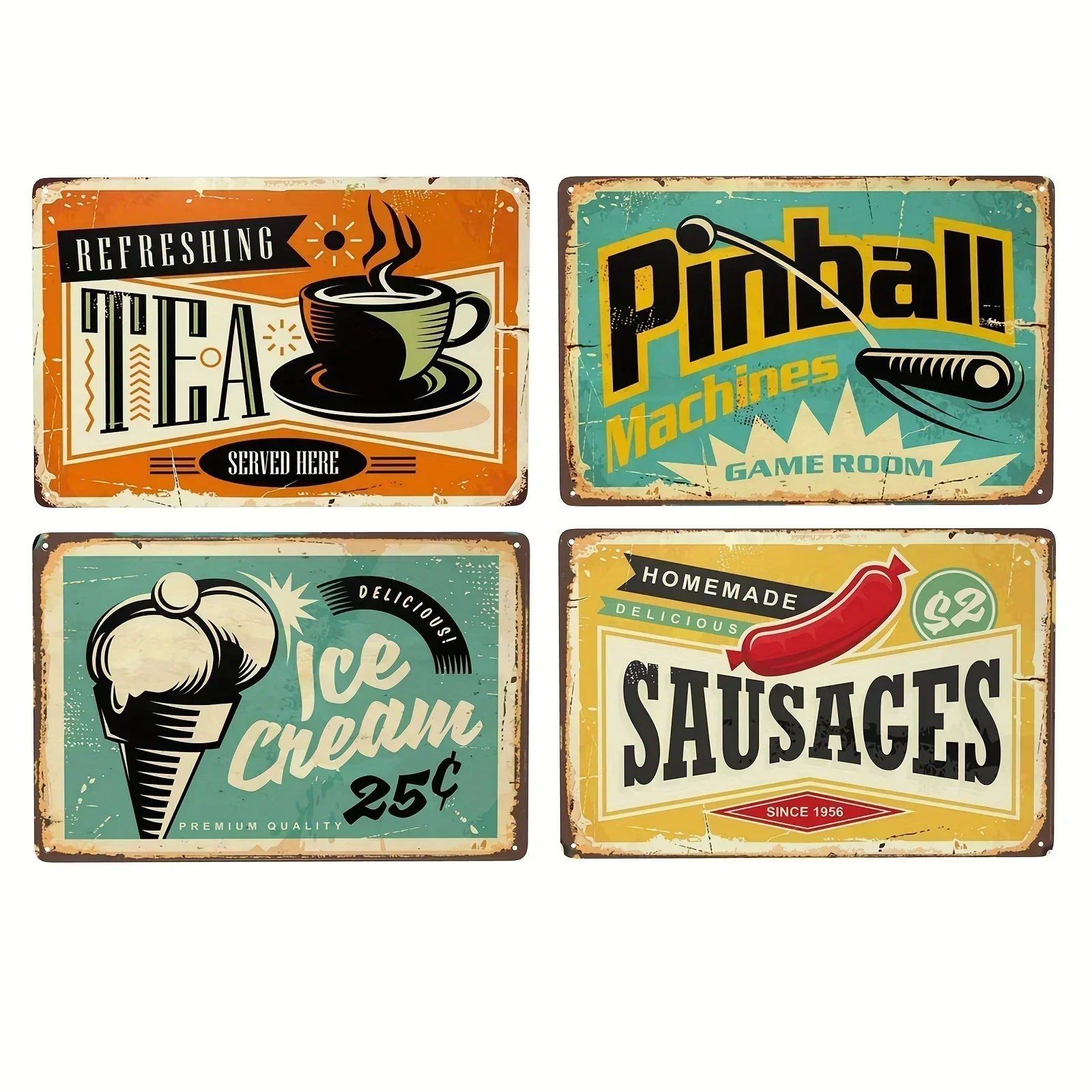 Metal Tin Signs 20x30cm Ice Cream Tea Pinball Sausages Wall Art Decor Kitchen Bedroom Cafe Living Room Wall Decor Sign Posters