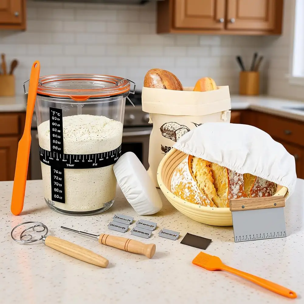 

Набор для выпечки: 9 корзинок для расстойки хлеба, стеклянная банка для закваски, инструмент для нарезки хлеба и подарки для пекарей и мам