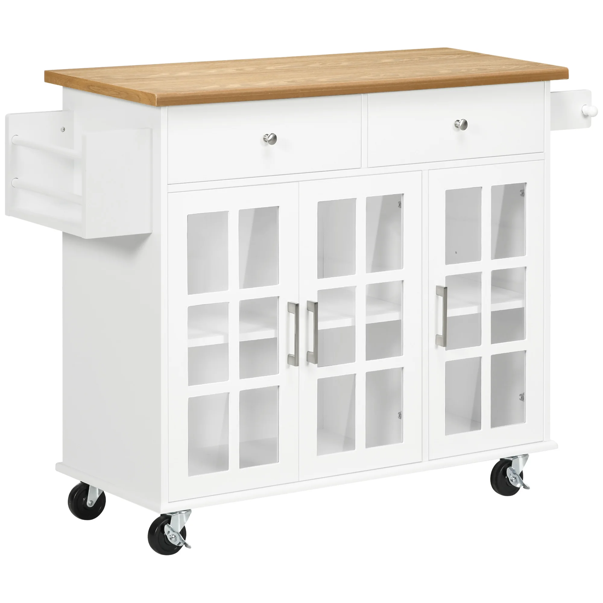 HOMCOM kitchen cart with 2 drawers 3 glass doors 124,5x39,5x90 cm White