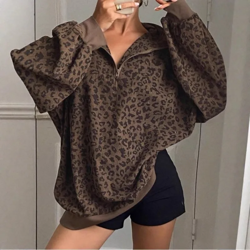Women Leopard Print Half Zip Loose Sweatshirts Ribbed Autumn Winter New Long Sleeve Vintage Lapel Casual Oversized Pullover Tops