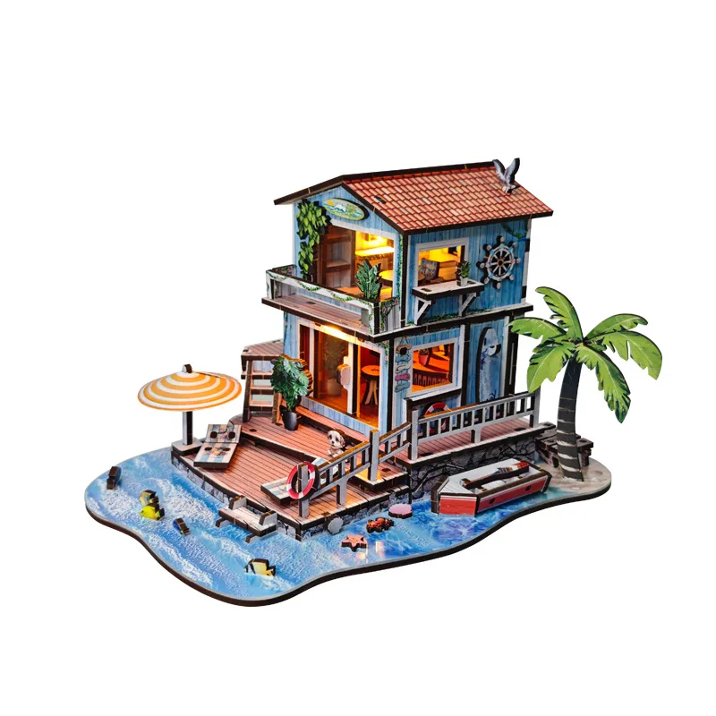 

2026 New Wooden 3D Puzzle House Book Nook Kit Seaside Vacation House Model with Led Light Kids Friend for Christmas Gift Idea
