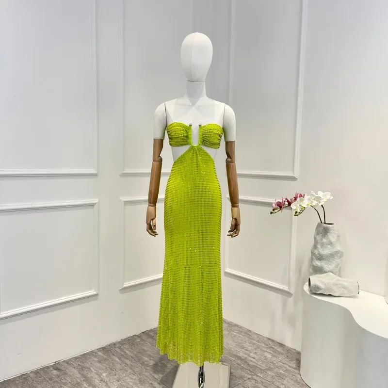 

Diamonds Green Vintage New 2023 Summer Sexy Cut Out Luxury Sleeveless Lace-up Woman Midi Camisole Dress for Party