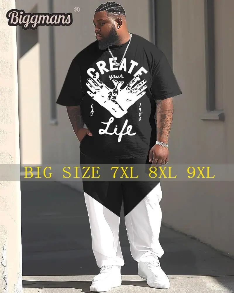 

Biggmans T-Shirt Plus Size Set L-9Xl for Summer Oversize Suit Comfortable Men's Large Patchwork Letter Short Sleeve Trousers