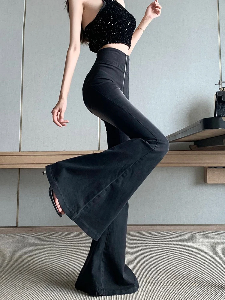 2000S Clothes Y2K Fashion Vintage Black Slim Stretch Flare Jeans Pants For Women High Waist Streetwear Punk Dress Lady Trousers