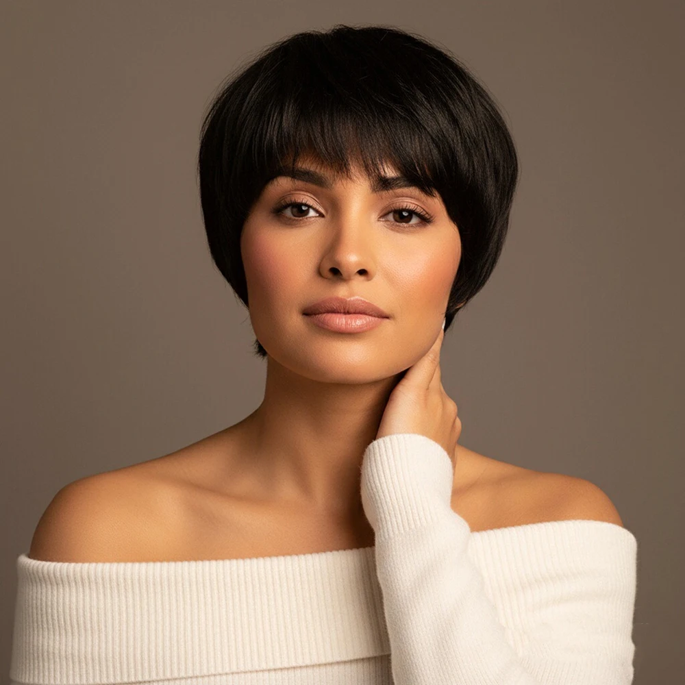 ストレート人毛ウィッグ ショートピクシーカットウィッグ レイヤー加工済み 生え際がプレプラッキングされた女性用ブラジル人毛マシンメイド100%人毛ウィッグ