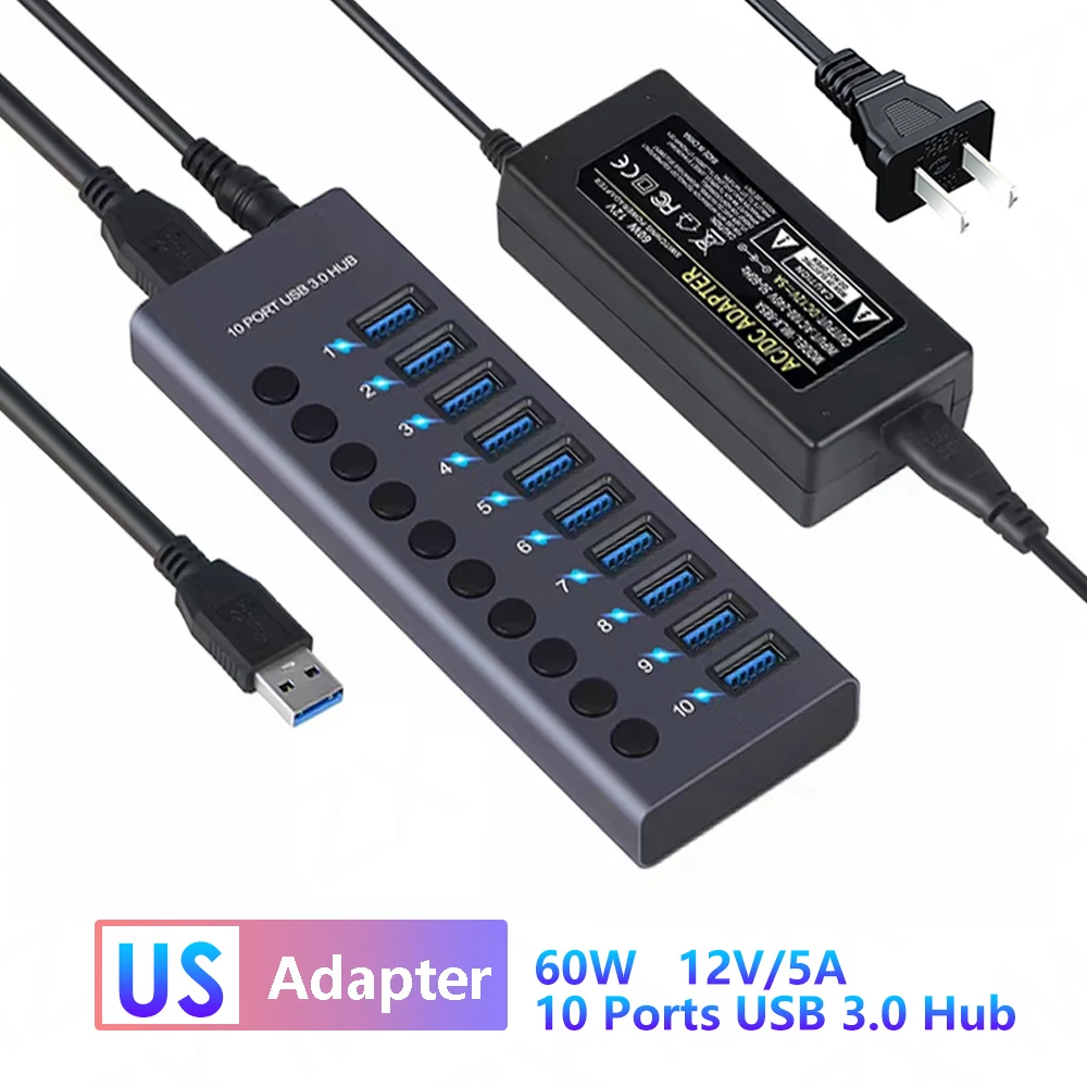 

USB 3.0 Концентратор Розетка Переключатель 10-портовый концентратор Многопортовая док-станция Зарядное устройство Несколько источников питания