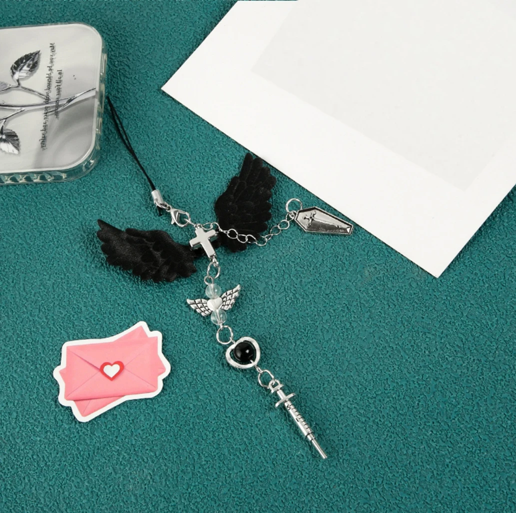 New Y2k Style Black Wing Cross Beads Keychain Mobile Phone Charms Fashion Keychains Lanyard Cellphone Decoration Accessory