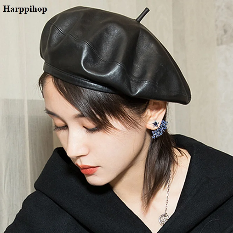 High Quality Genuine Leather Sheepskin Leather Berets For Men Duckbill Winter Hat For Male Warm Hat Solid Black Russian Hat