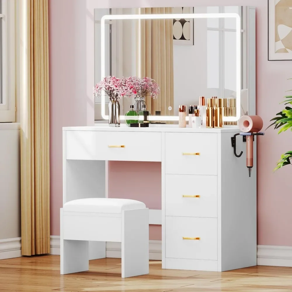 Makeup Table with Adjustable Illumination Mirror and Power Board, 4 Drawers, Soft Cushioned Stool, Ivory Colored Makeup Table