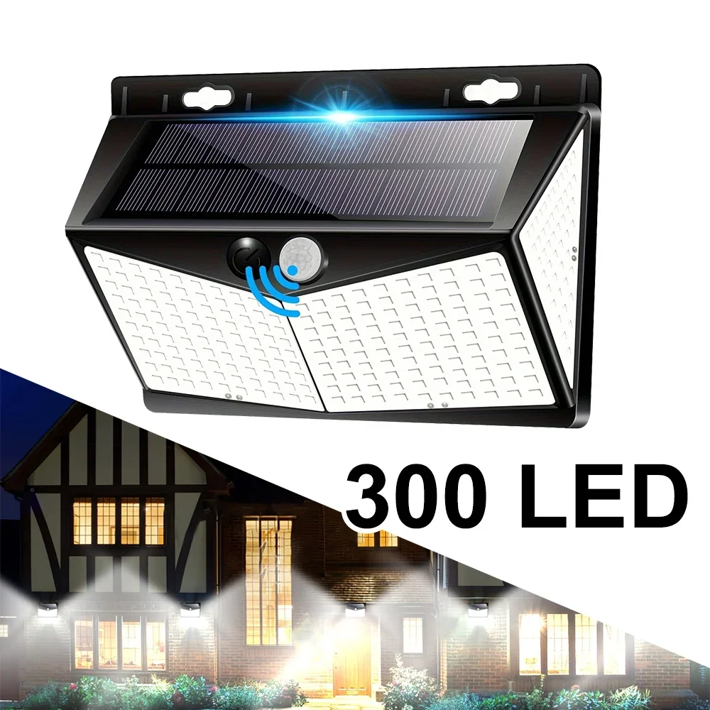 

300LED 6500K White Light Solar Powered Wall Lamp, Human Sensor Yard Lamps IP65 Waterproof Outdoor Street Lights, for Yard Garden