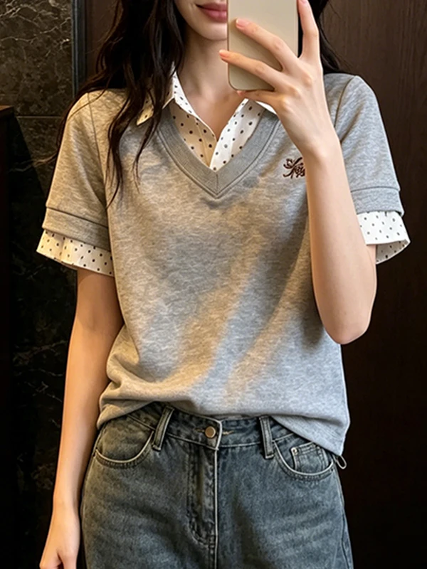 

Summer Women's Design Sense Shirt Collar Splice T-shirt Fake Two-Piece Short Sleeve Versatile Slimming Meat Covering Top