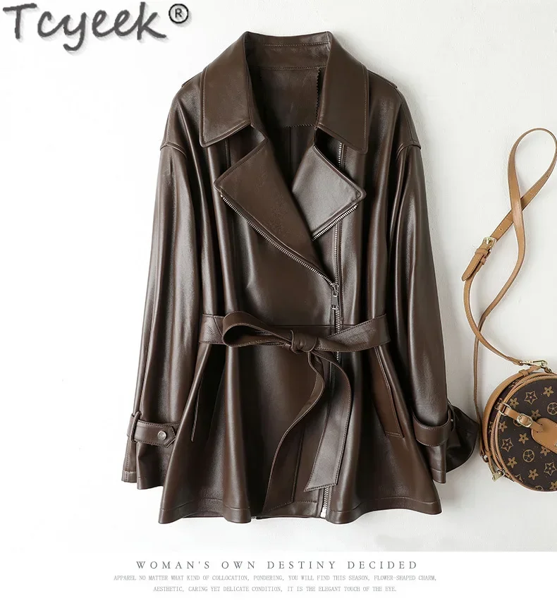 Tcyeek Real Leather Jacket Women Top Layer Sheepskin Coats 2023 Autumn Mid-length Trench Coat for Women Clothes New in Outerwear