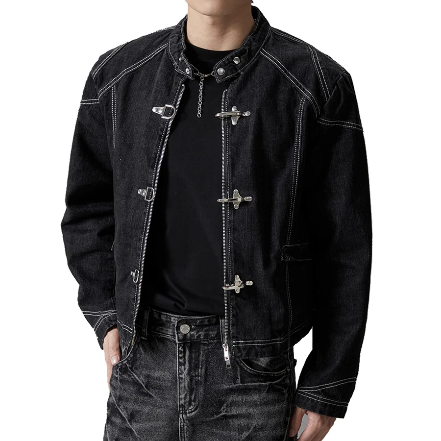 

Men Streetwear Fashion Hip Hop Loose Casual Vintage Stand Collar Metal Plane Buckle Short Denim Jacket Spring Autumn Jeans Coat