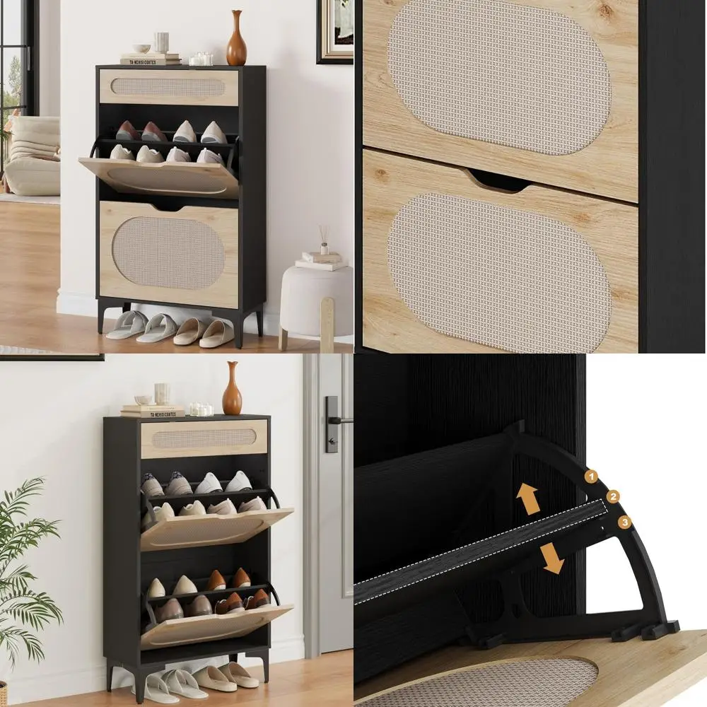 

Трехъярусный шкаф для обуви из черного ротанга с откидными ящиками и выдвижным ящиком для хранения в прихожей