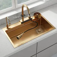 Personalized Beige Gold Sinks for Home Kitchen Sinks with Basket Modern Minimalist Thickened Metal Smart Kitchen Sink for Hotel