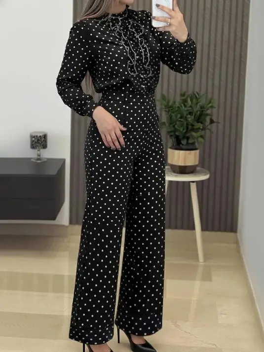 Two Piece Set Women Outfit 2025 New Polka Dot Print Stand Collar Ruffles Spliced Top & High Waist Casual Straight Leg Pants Set