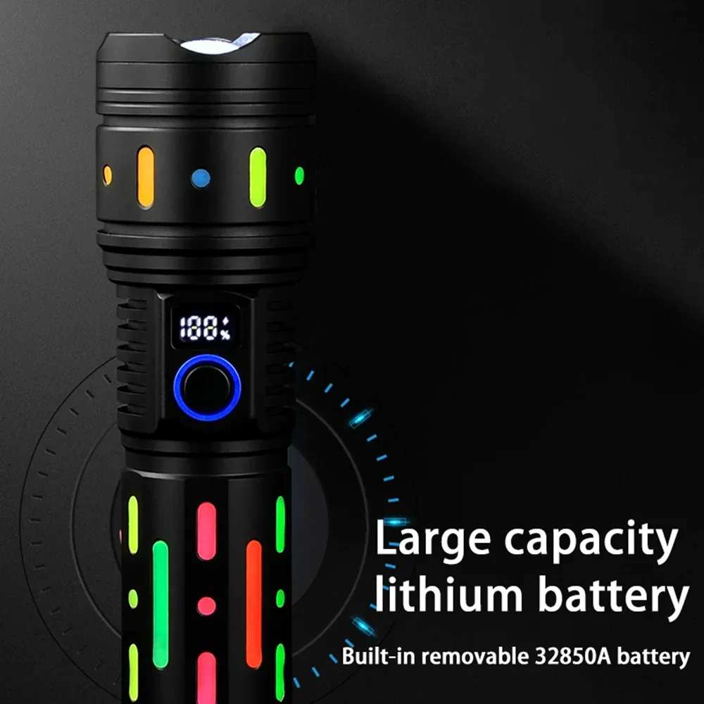 10000mah High Power Long Range LED Flashlight With Fluorescent Film Powerful Bright Tactical Torch Display Rechargeable Lantern