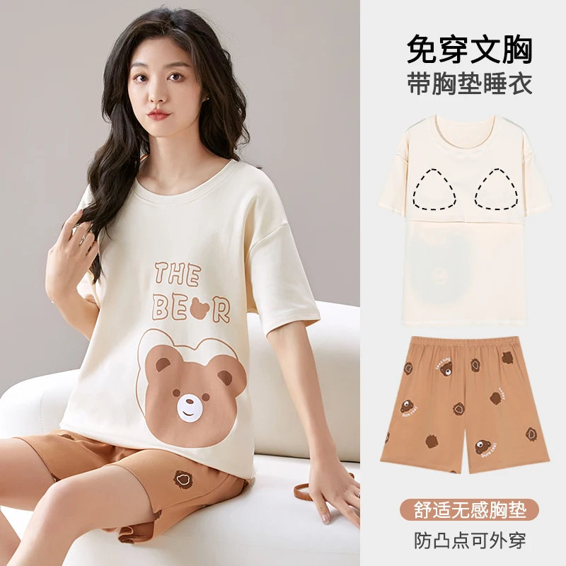 Summer Women Pajamas Set With Chest Pad Ladies Knited Cotton Sleepwear Female Cute Cartoon Leisure