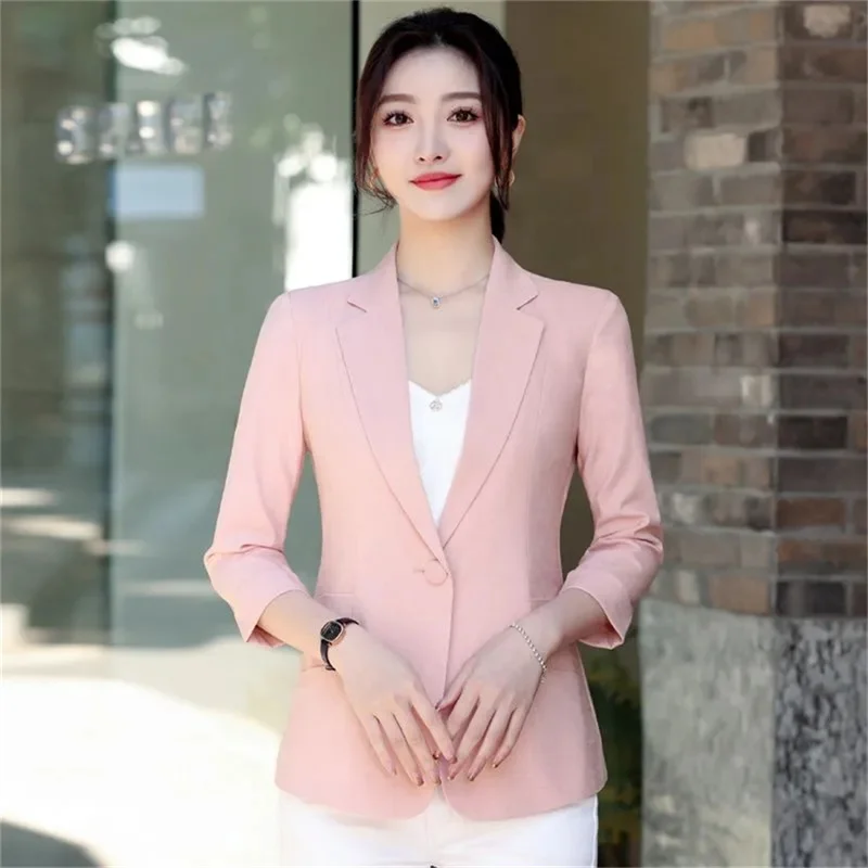 우아한 여성 스트라이프 3/4 슬리브 정장 재킷 2025 봄 여름 얇은 슬림 아웃웨어 싱글 버튼 여성 오피스 블레이저 코트상의