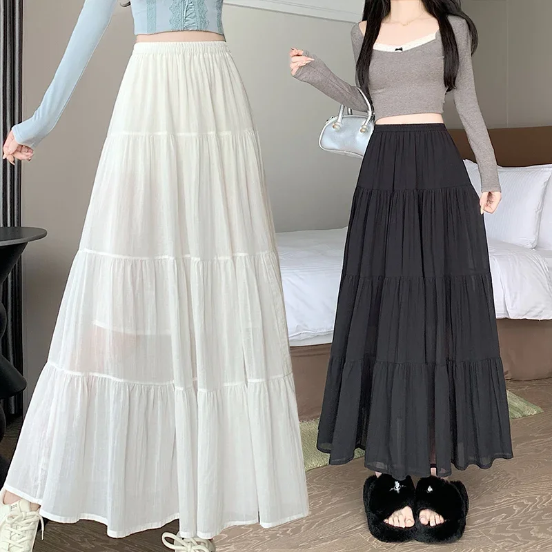 2025 Spring New Sweet Elastic Waist Skirt High Waist Thin Splicing Layered Casual Slim Long Maxi Dress