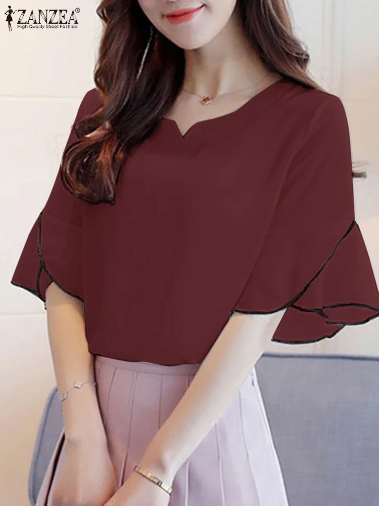 

ZANZEA Summer Fashion Tunic Tops Women Elegant OL Work Blouse Short Sleeve O-Neck Party Shirt Casual Holiday Blusas Mujer Femme