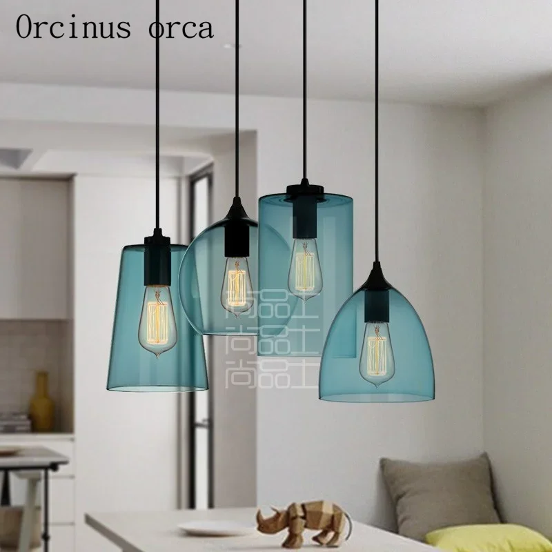 American restaurant chandelier bar simple personality Nordic  single head color blue glass chandelier Postage free