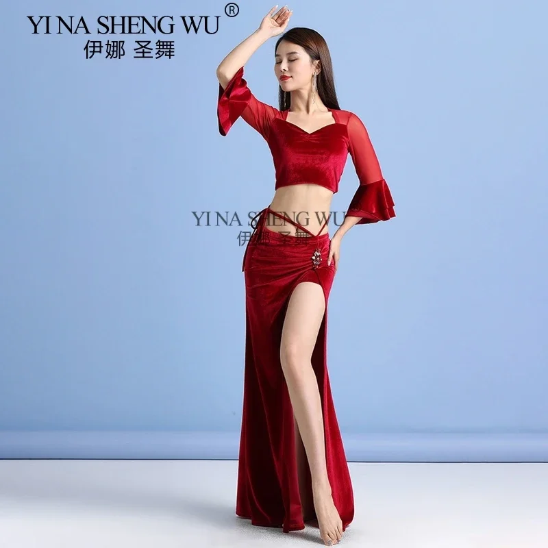 

Комплект для восточных танцев из 2 предметов: новое осенне-зимнее платье для выступлений из сетчатого бархата, сексуальное женское платье для восточных танцев