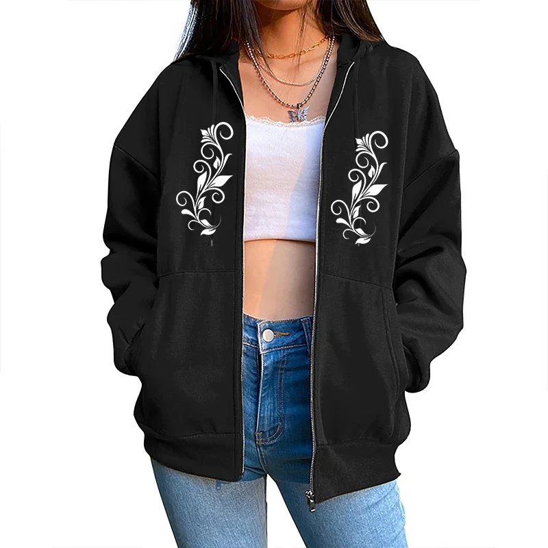 

Autumn Winter Women Zipper Cardigan Hooded Sweatshirt Printing Outfits Fashion Casual Jogging Clothing Lady Versatile Sport Coat