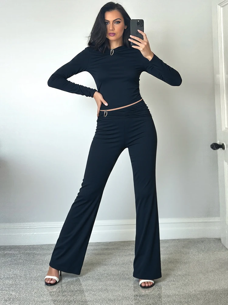 

Kliou Повседневный комплект из 2 предметов с металлической отделкой, женские осенние новые стильные футболки с круглым вырезом и длинными рукавами + прямые длинные брюки, простые модные костюмы